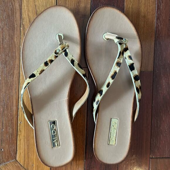 NEW Aldo Animal Print Thong Sandals Flip Flops 8.5 Brown Resortwear Beach Cruise - Picture 1 of 6